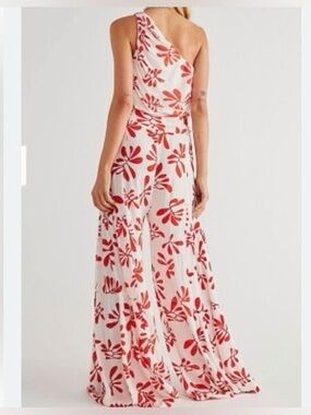 Free People White One-Shoulder Maxi Dress with Red Floral Print